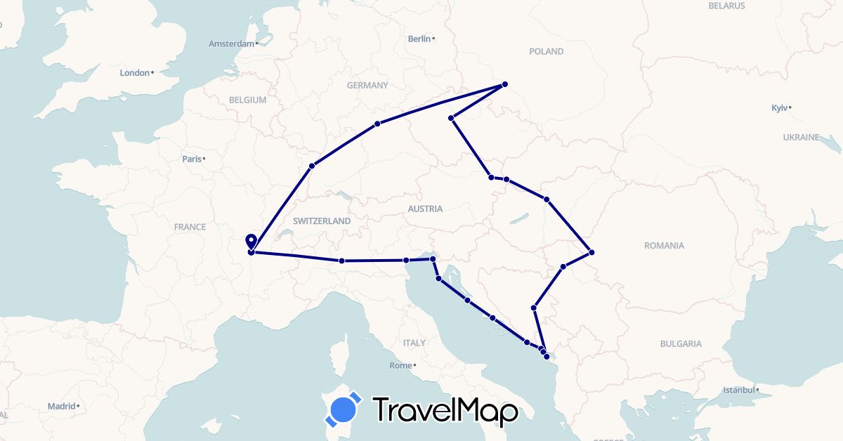 TravelMap itinerary: driving in Austria, Bosnia and Herzegovina, Czech Republic, Germany, France, Croatia, Hungary, Italy, Montenegro, Poland, Romania, Serbia, Slovenia, Slovakia (Europe)